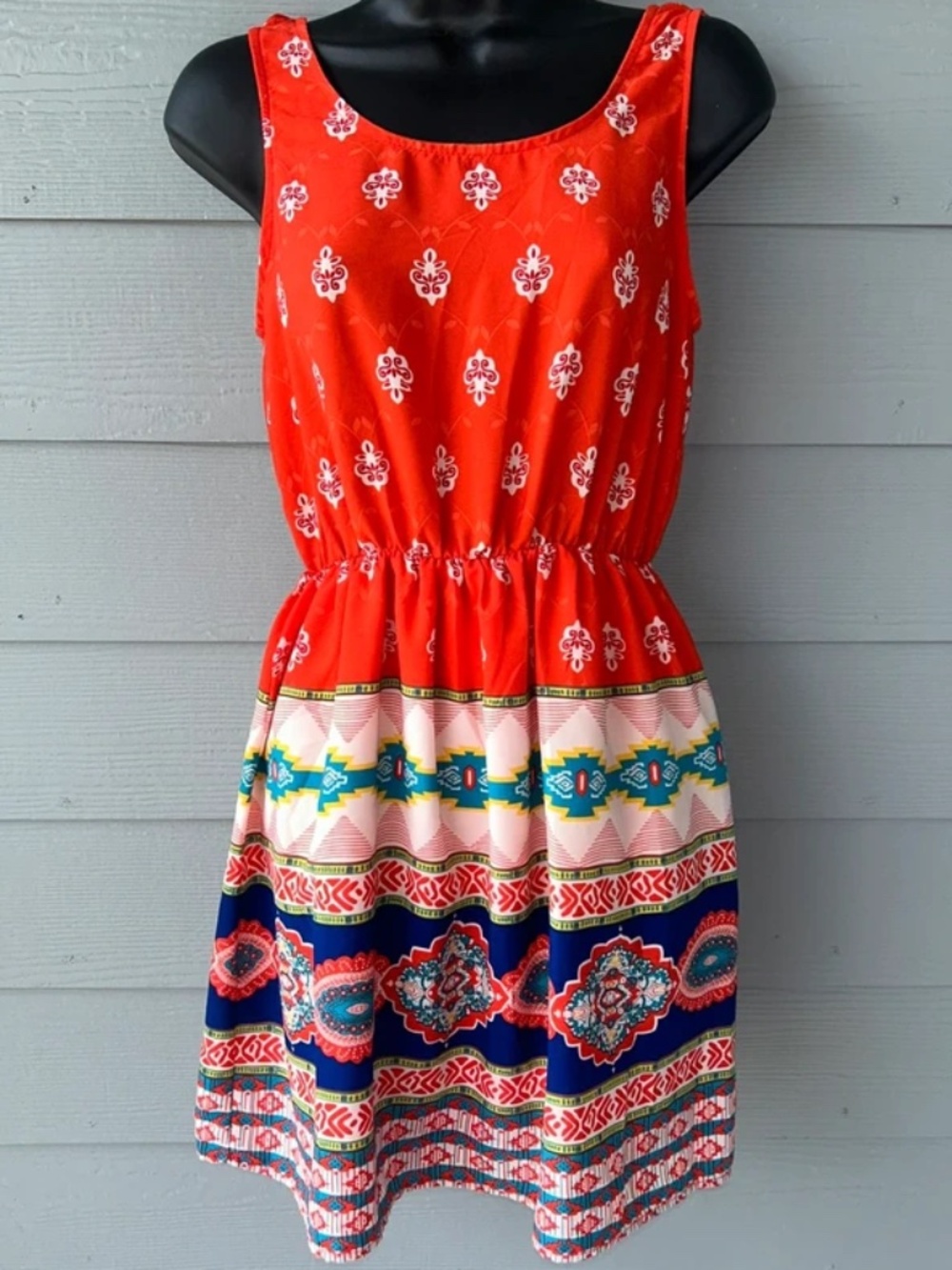 Pink Owl Sleeveless Elastic Waist Multicolor Aztec Boho Fun Short Dress Sz. S